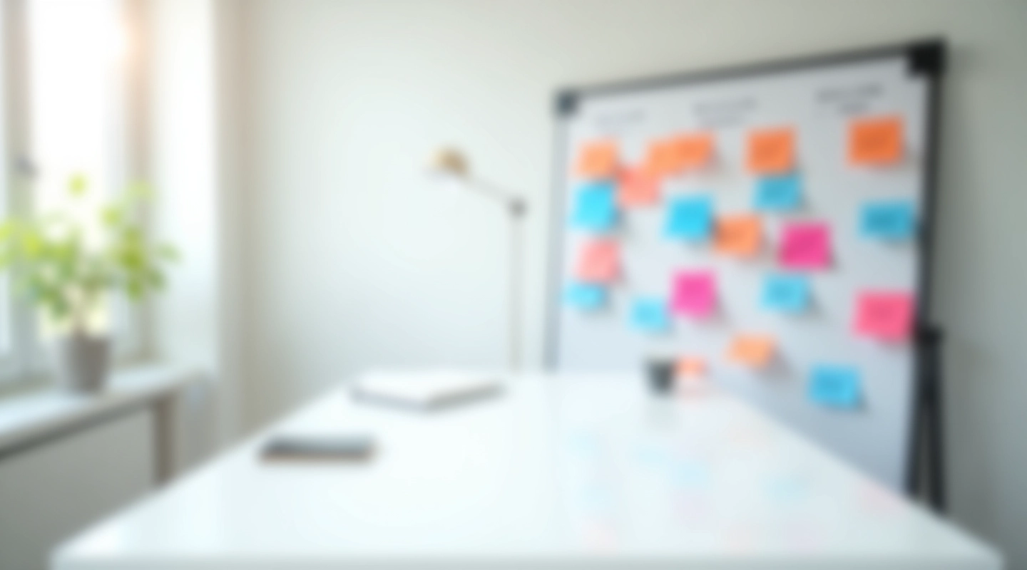 Kanban kartlarının renkli olarak gösterildiği mavi ve beyaz bir pano, yapışkan notlar, modern ofis masası